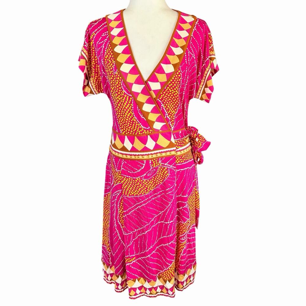 Diane von Furstenberg Nalia Silk Wrap Midi Dress 10 Pink Orange Geometric Print